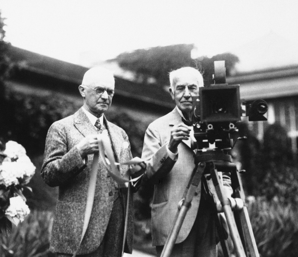 Inventors George Eastman, left, and Thomas Edison meet in the garden on 1928 of Eastman's Rochester, New York, home to announce the first Kodak color movie film. Kodak's research and development efforts with long rolls of film some years earlier had helped Edison in his efforts to design a practical system for motion pictures. (AP Photo)