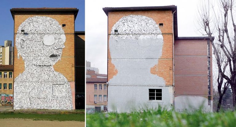 I muri di Bologna prima e dopo l’eliminazione dei murales di Blu