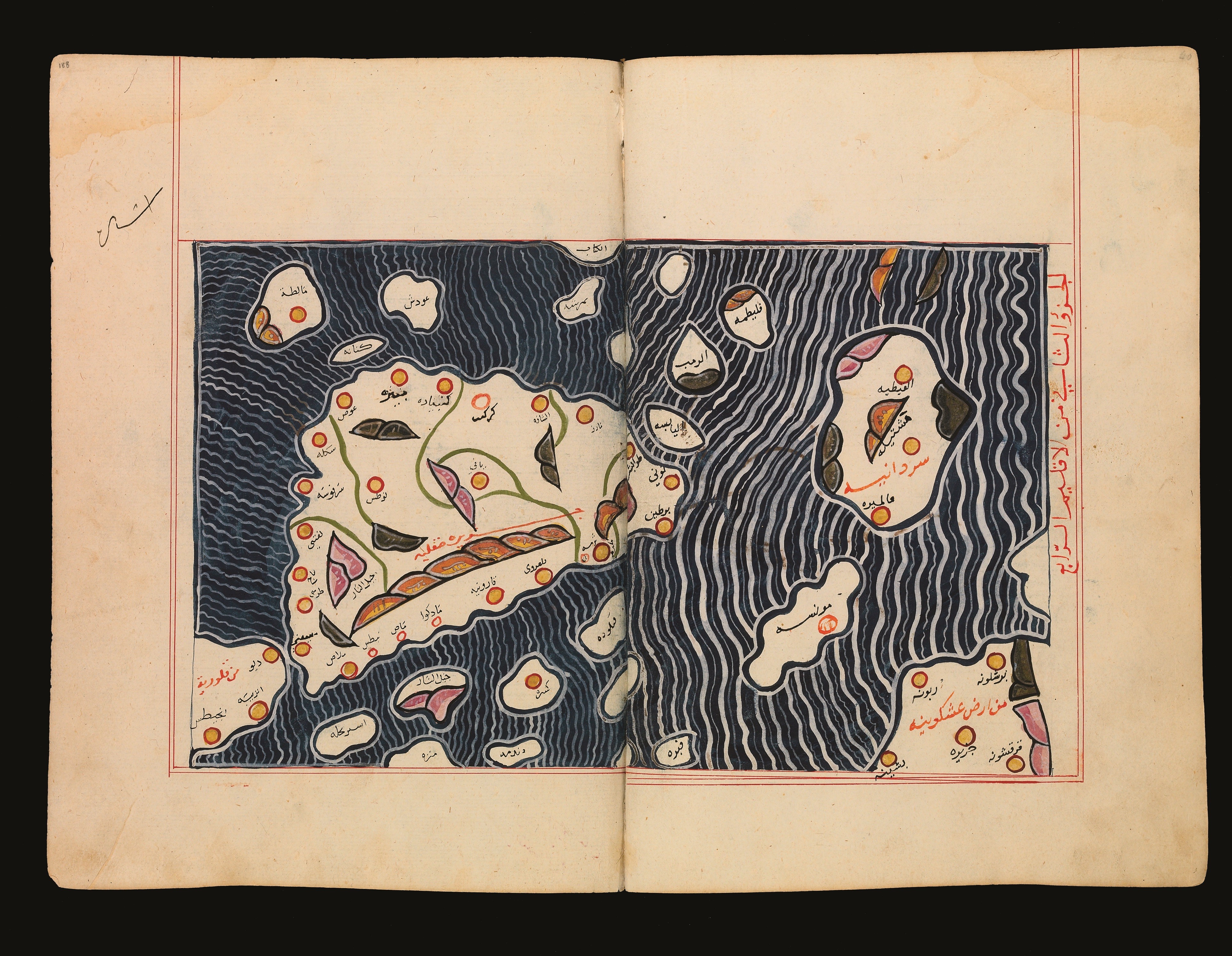 A double page map of Sicily from Al-Idrisi’s Treatise, Unknown, c.1300–1500AD © The Bodleian Libraries, University of Oxford