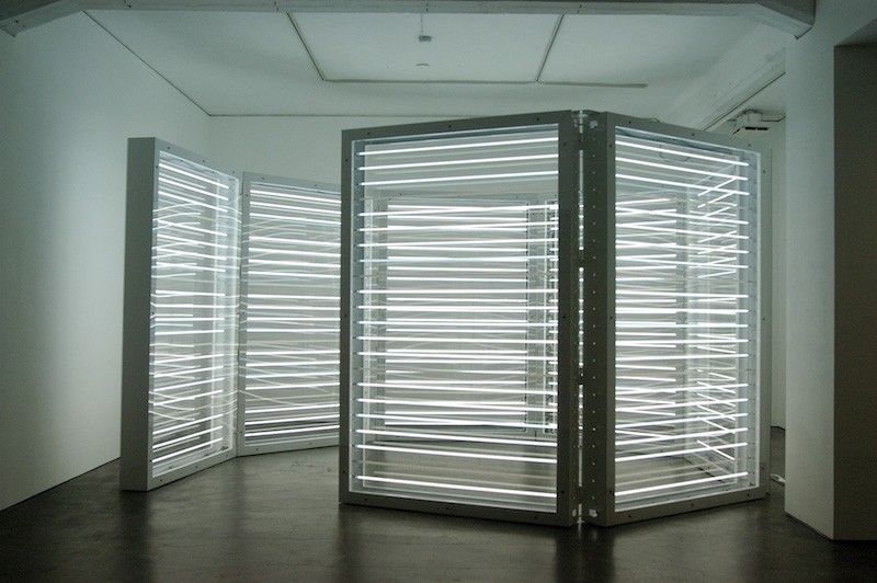 Carsten Höller Neon Elevator, 2005 Struttura in acciaio verniciato, tubi bianchi al neon, vetro, trasformatore, digital controller, cavi 360 x 440 x 240 cm Foto: Shigeo Muto, 2005 Courtesy dell’artista