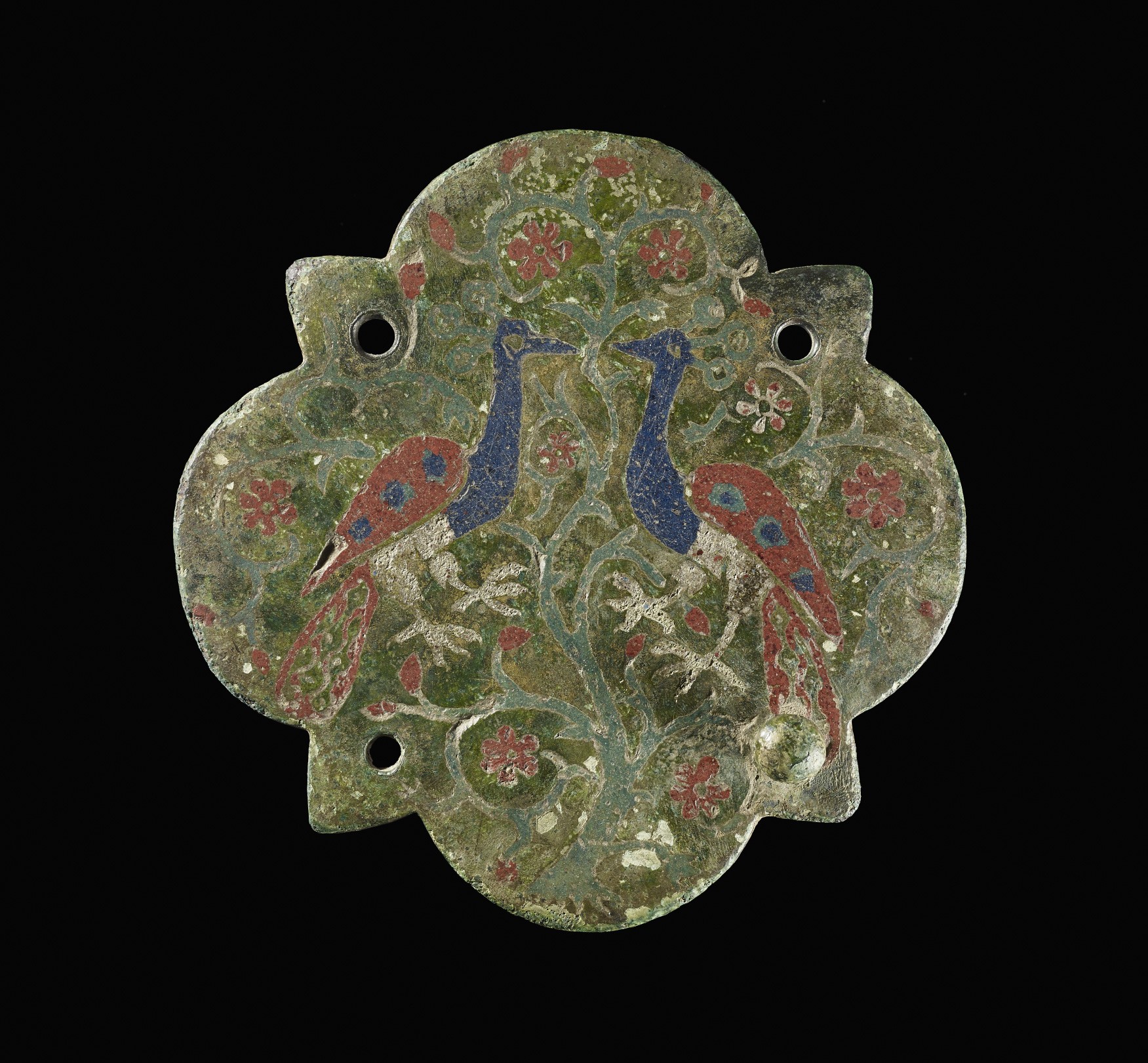 Lid of a casket with peacock decoration, Enamel, gold, copper, Probably Sicily, c.1250–1300 © The Trustees of the British Museum