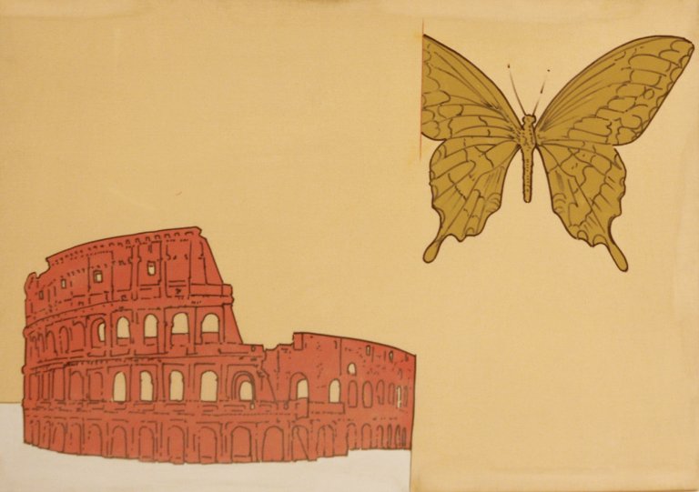 Renato Mambor, Colosseo e farfalla, 1966, Smalto e acrilico su tela