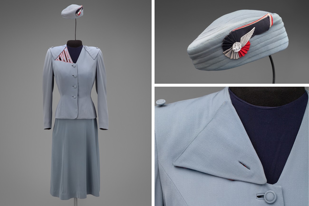 Transcontinental & Western Air hostess uniform by Howard Greer  1944 Collection of SFO Museum Gift of TWA Clipped Wings International, Inc. Photo credit: SFO Museum