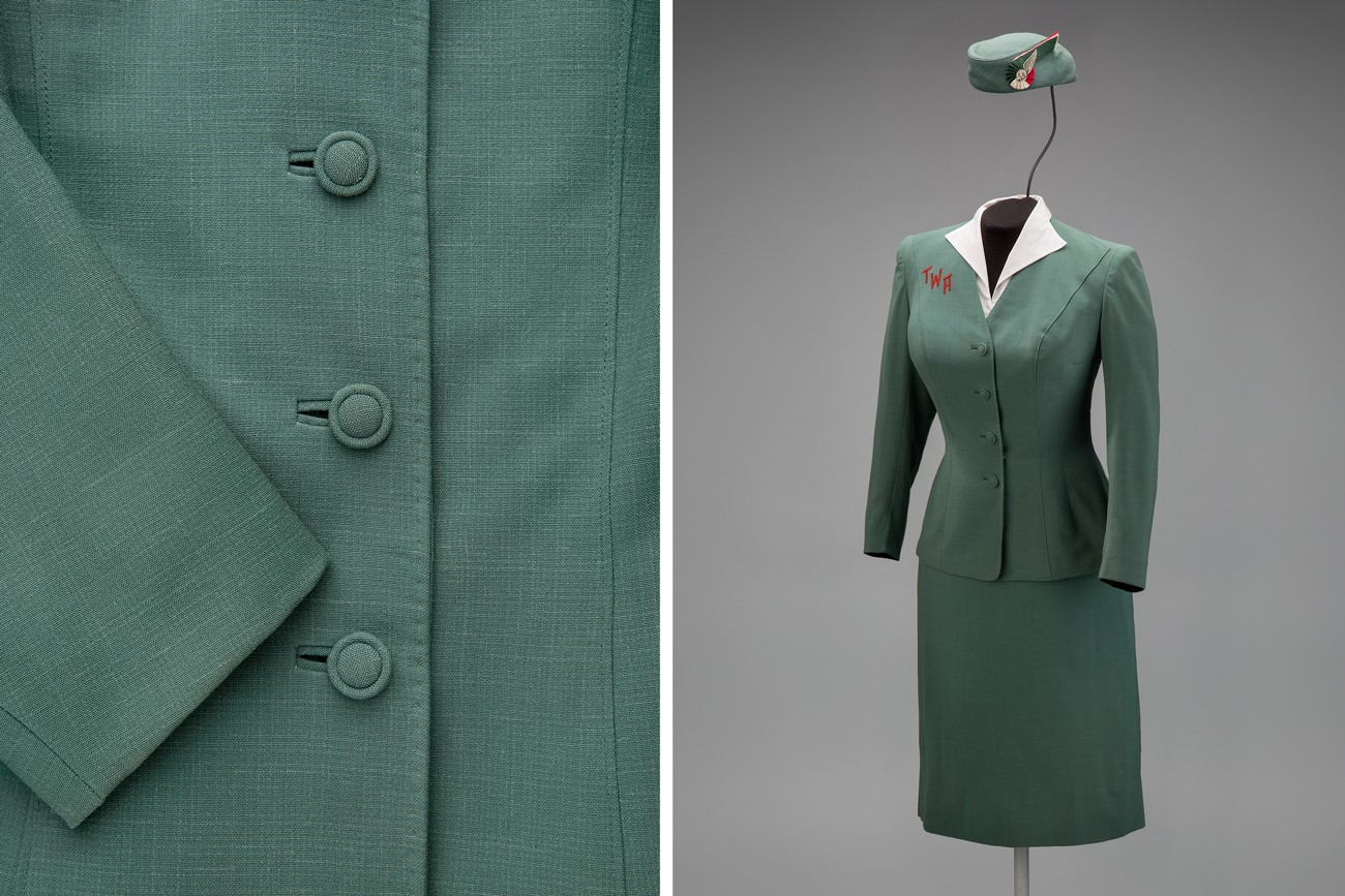Trans World Airlines hostess uniform by Oleg Cassini  1955 Collection of SFO Museum Gift of TWA Clipped Wings International, Inc. Photo credit: SFO Museum