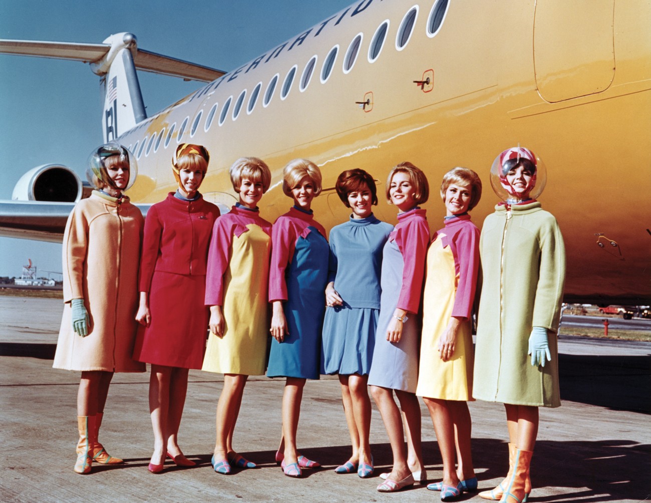 Braniff International Airways hostesses in uniforms by Emilio Pucci  1965 Photo credit: Braniff International Public Relations Archives, History of Aviation Collection, UT-Dallas