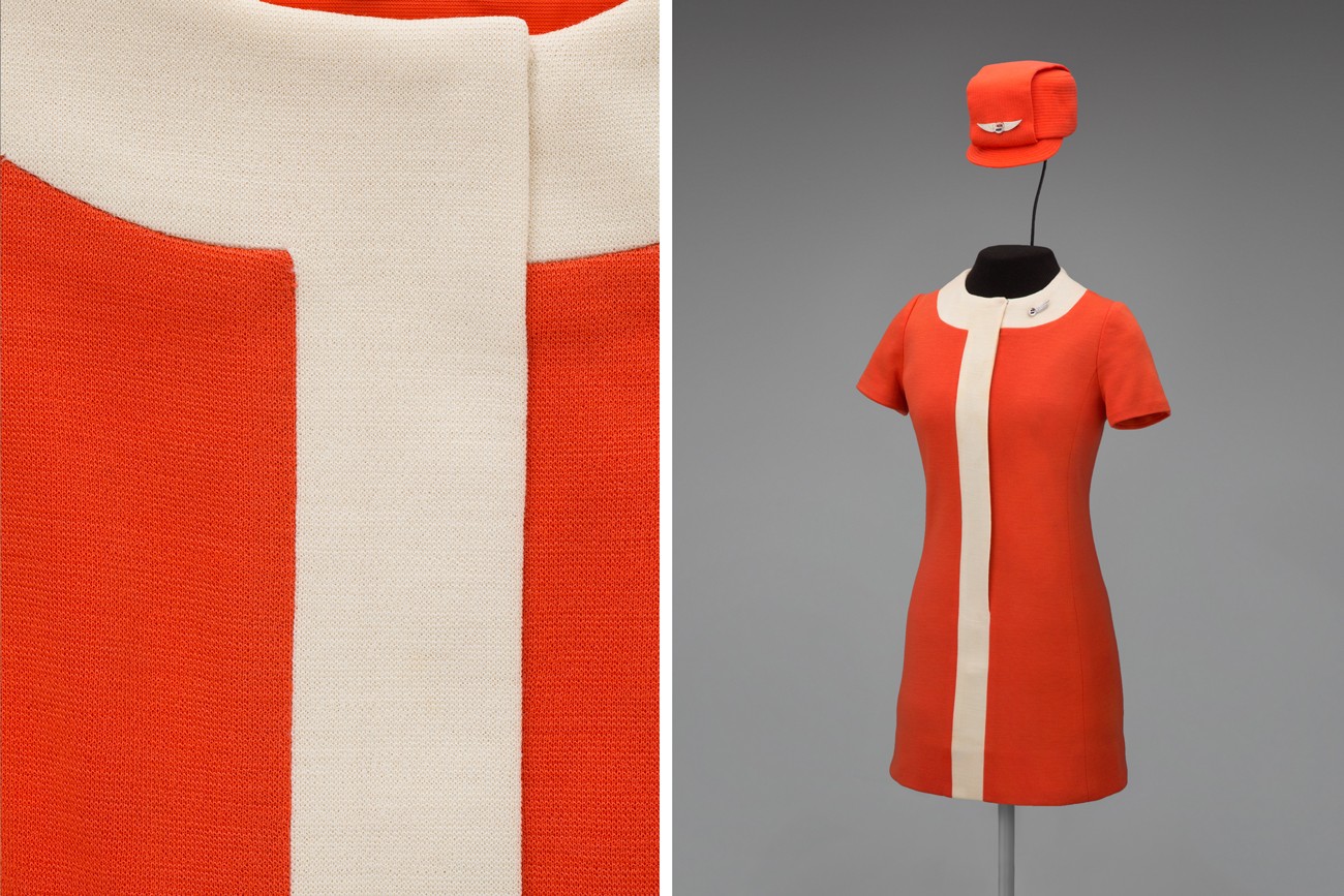 United Air Lines stewardess uniform by Jean Louis  1968 Fashionaire, a Division of Hart, Schaffner & Marx Hat by Mae Hanauer Collection of SFO Museum Gift of United Airlines Historical Foundation Hat insignia: Gift of Georgia Panter Nielsen Photo credit: SFO Museum