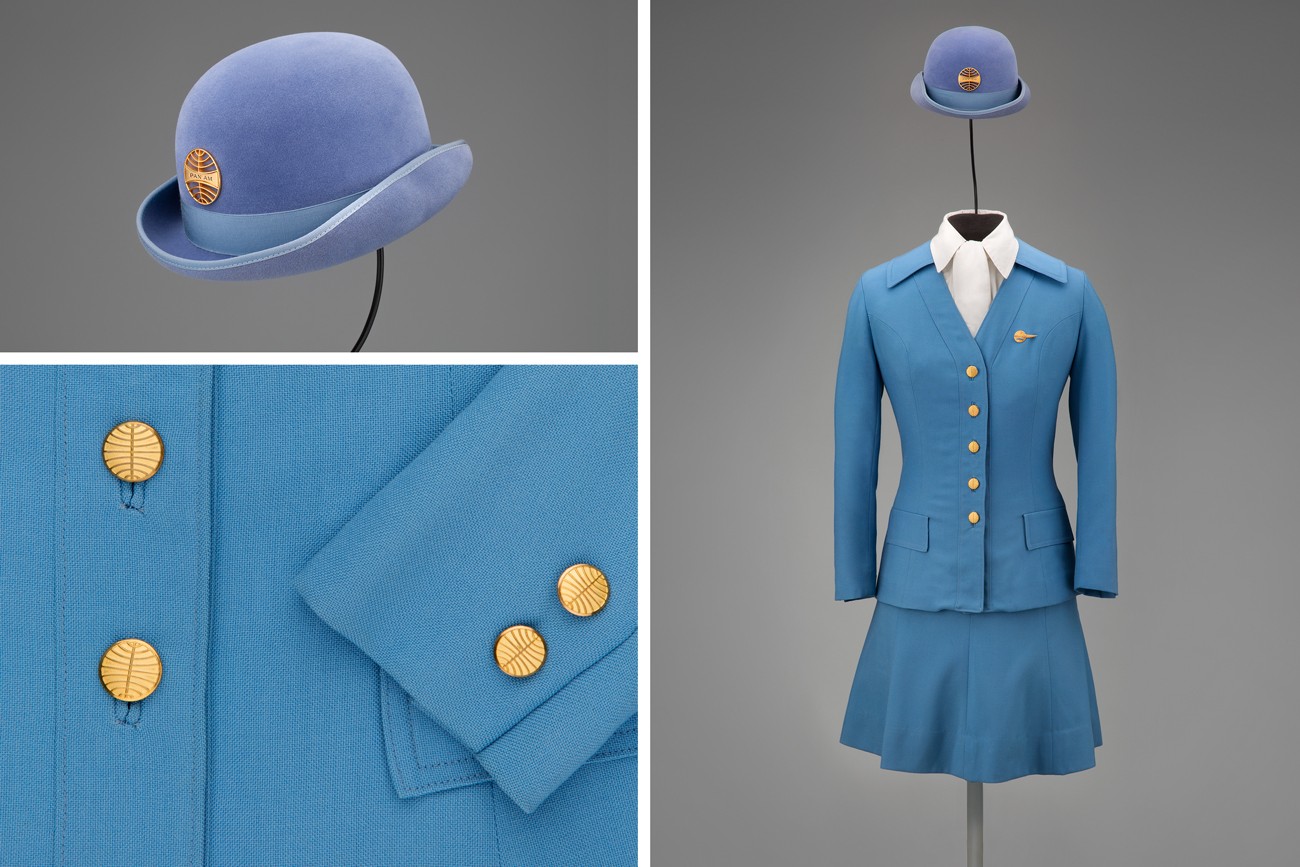 Pan American World Airways stewardess uniform by Frank Smith for Evan-Picone  1971 Collection of SFO Museum Gift of Thomas G. Dragges/Teresa Damgaard/Hildur Kirchdoerfer Photo credit: SFO Museum
