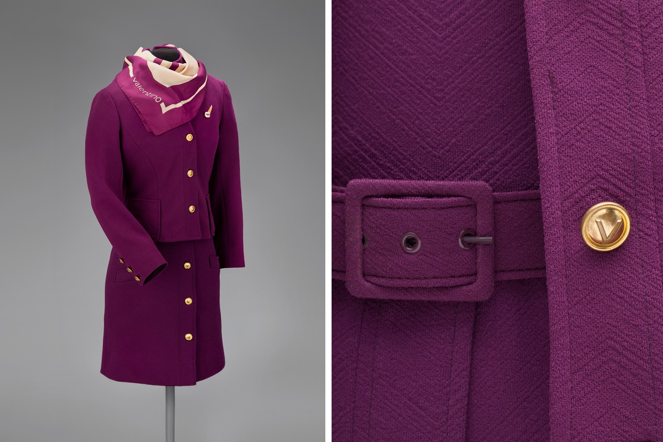 Trans World Airlines female flight attendant uniform by Valentino  1971 Collection of SFO Museum Gift of TWA Clipped Wings International, Inc. Photo credit: SFO Museum