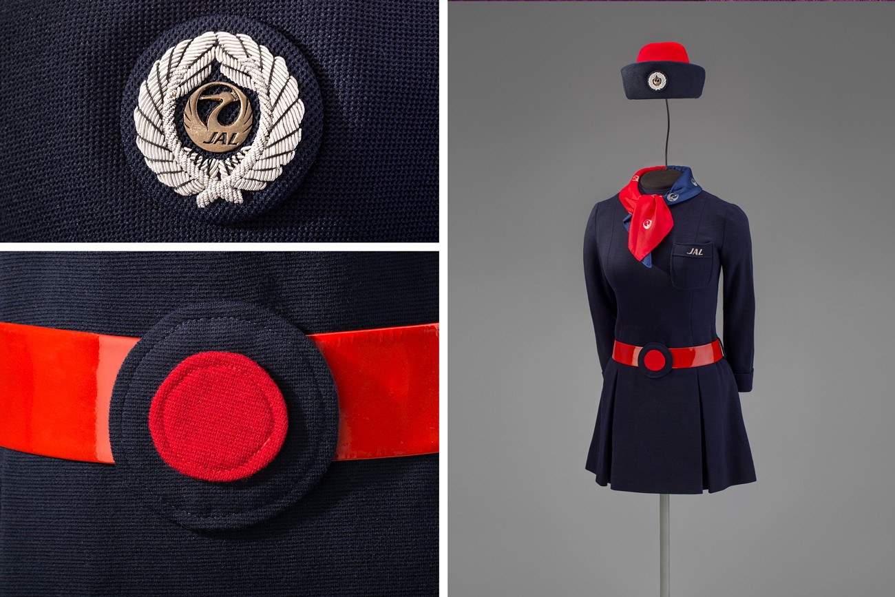 Japan Air Lines stewardess uniform by Hanae Mori  1970 Collection of SFO Museum Gift of Thomas G. Dragges