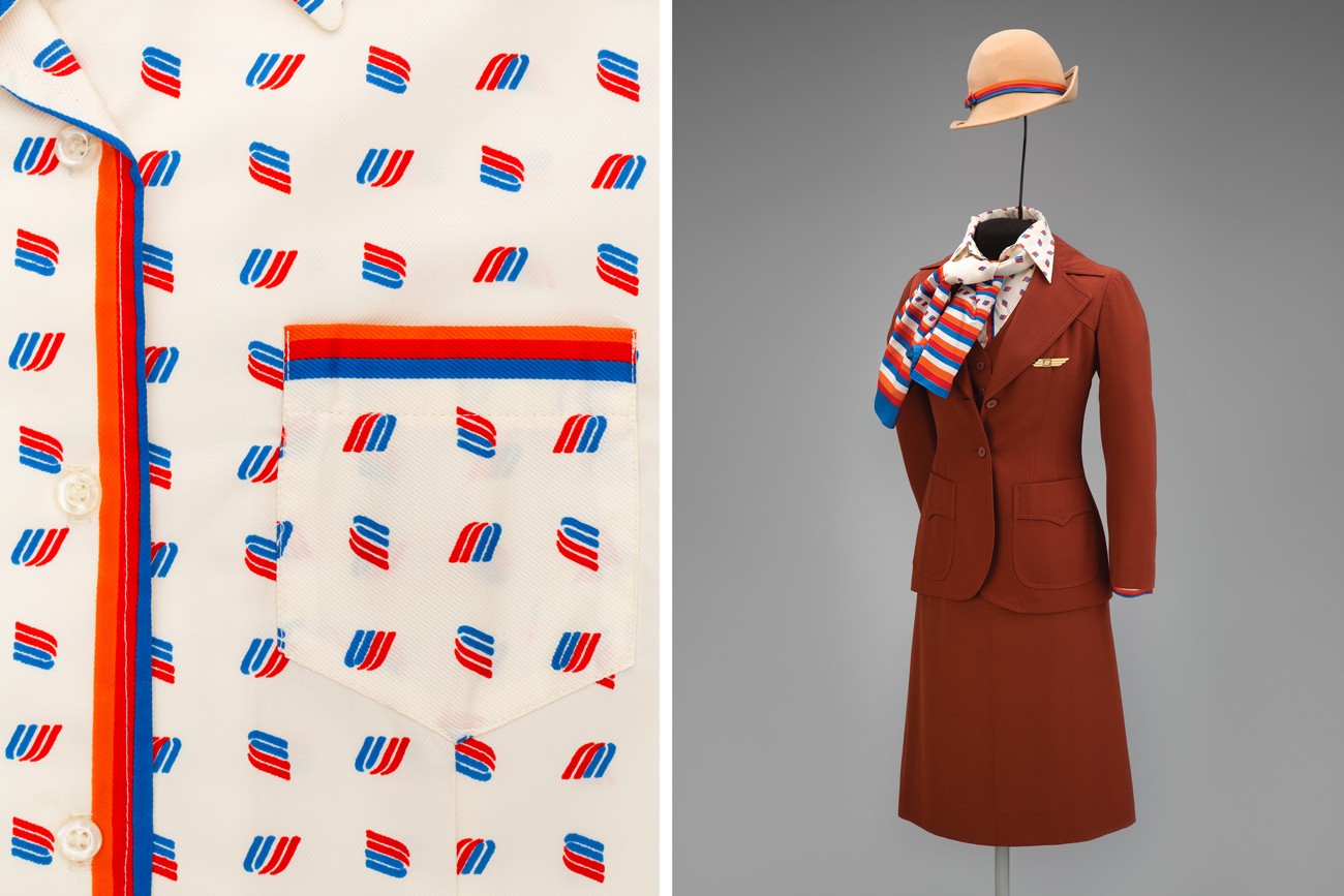 United Airlines female flight attendant uniform by Stan Herman  1976 Collection of SFO Museum Gift of Diane Willems Vaughan/United Airlines Historical Foundation Photo credit: SFO Museum