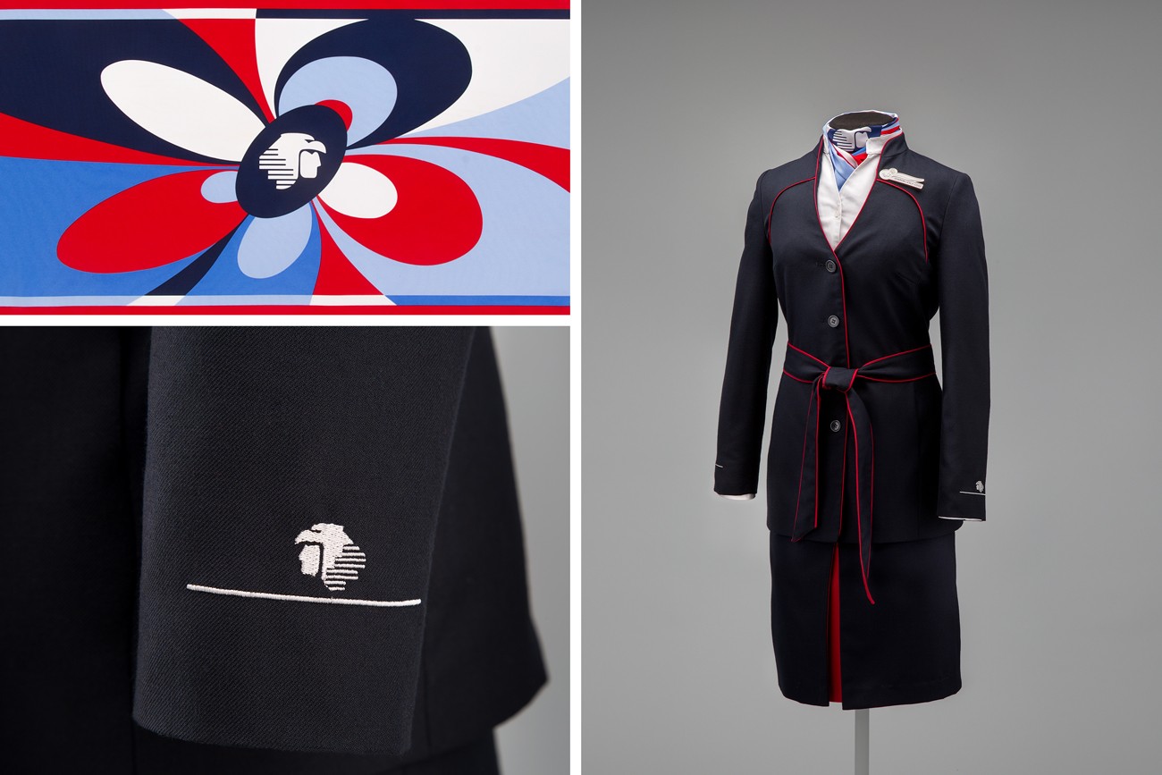 Aeroméxico female flight attendant uniform by Macario Jiménez  2008 D’nieto Collection of SFO Museum Anonymous gift Jacket insignia: Courtesy of Aeroméxico Scarf: Courtesy of Veronica Dawson Photo credit: SFO Museum
