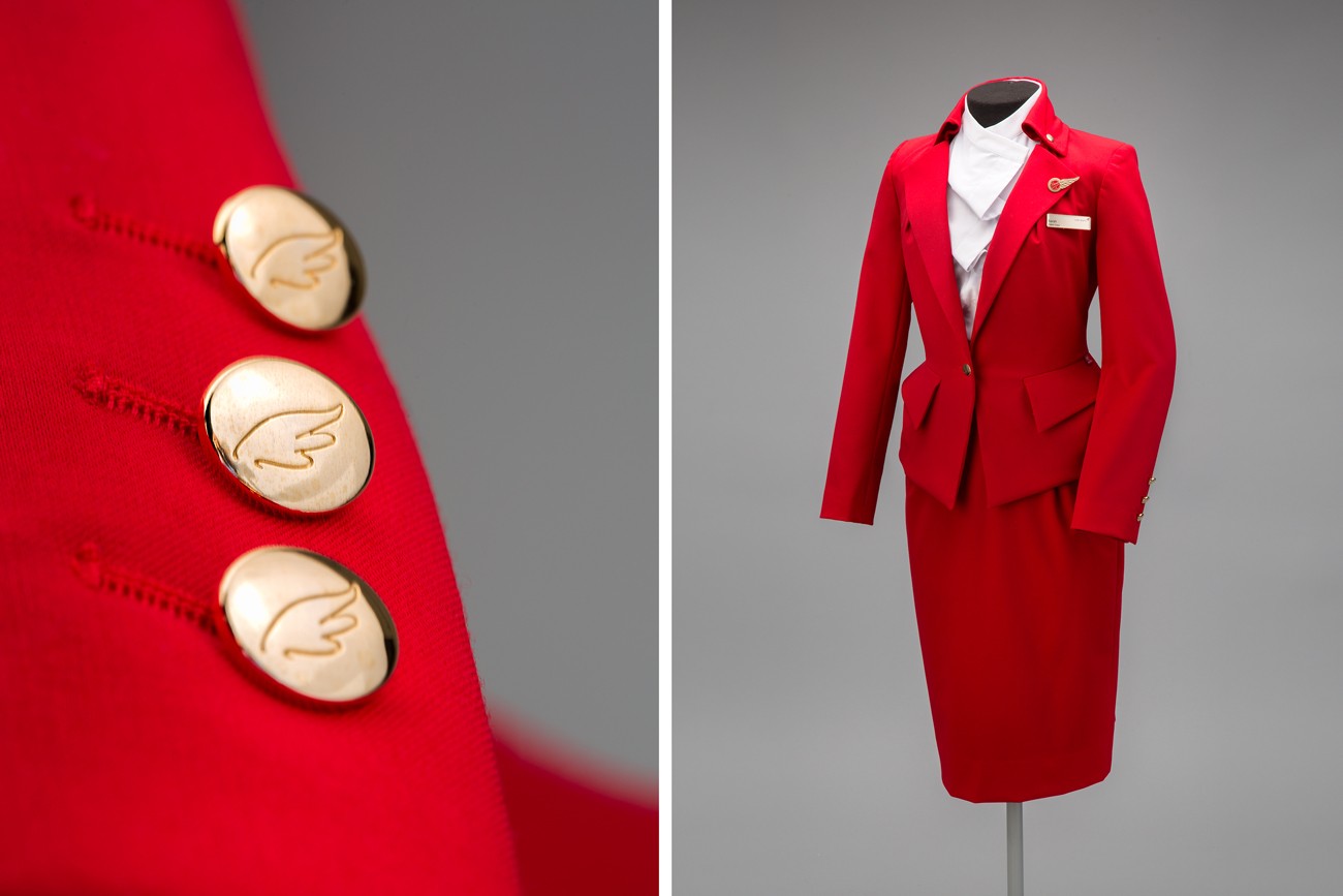 Virgin Atlantic Airways female flight attendant uniform by Vivienne Westwood  2014 Courtesy of Virgin Atlantic Airways Photo credit: SFO Museum