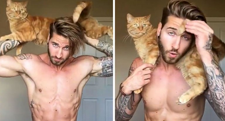Questo modello utilizza il suo gatto per tenersi in forma