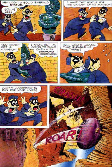La mitica sequenza iniziale con l'idolo da rubare e il masso rotolante, cita due fumetti di Carl Barks, entrambi con Paperino e Zio Paperone alle prese con trappole e templi.
