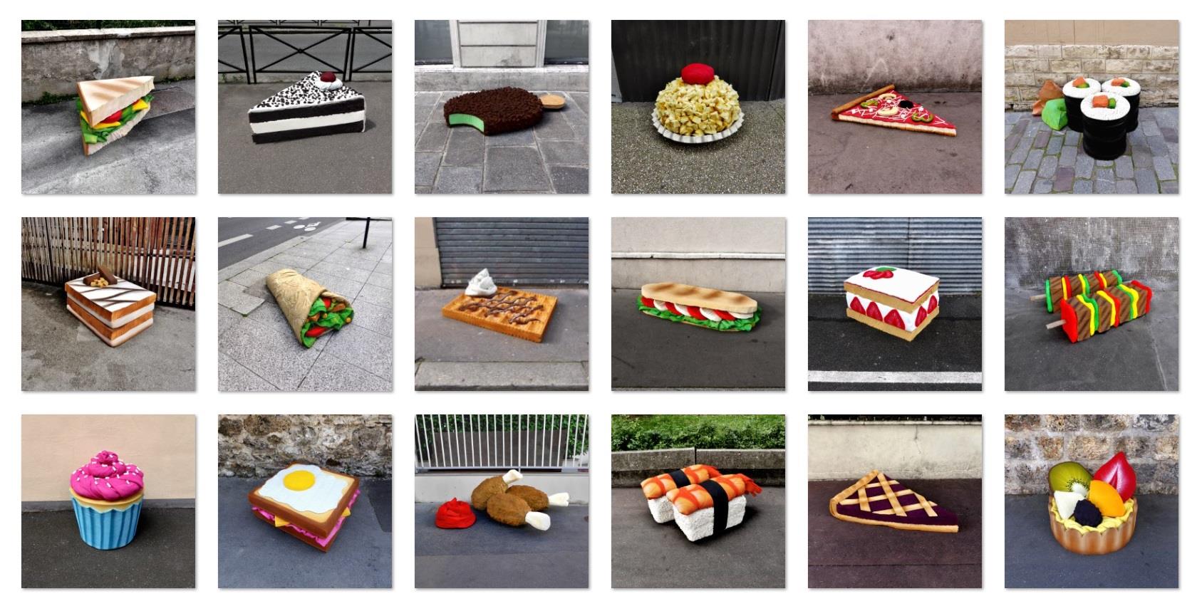 L’artista francese Lor-K trasforma i materassi abbonati in strada in sculture dalla forma dei cibi più divers