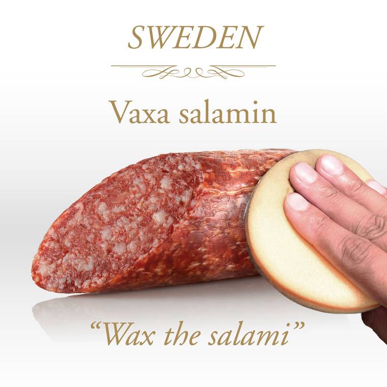 La metafora del salame si capisce abbastanza bene, la cera invece ci lascia un po' stupiti, giacché sarebbe più corretto incerare una zampa di tavolino, che comunque la sua metafora la fa lo stesso.