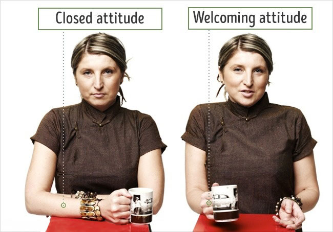 Se una signora ti guarda male, a braccia conserte, potrebbe non essere troppo felice di parlare con te, altrimenti  ti offrirebbe una tazza di qualcosa, come nella seconda foto.