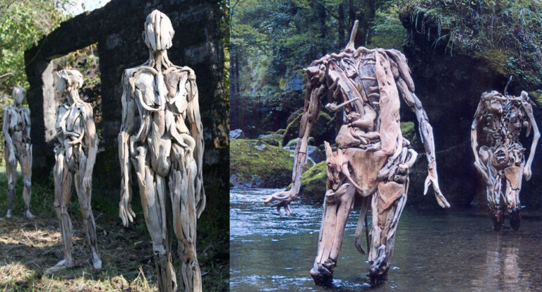 Le affascinati sculture fatte con la legna portata dal torrente da Nagato Iwasaki