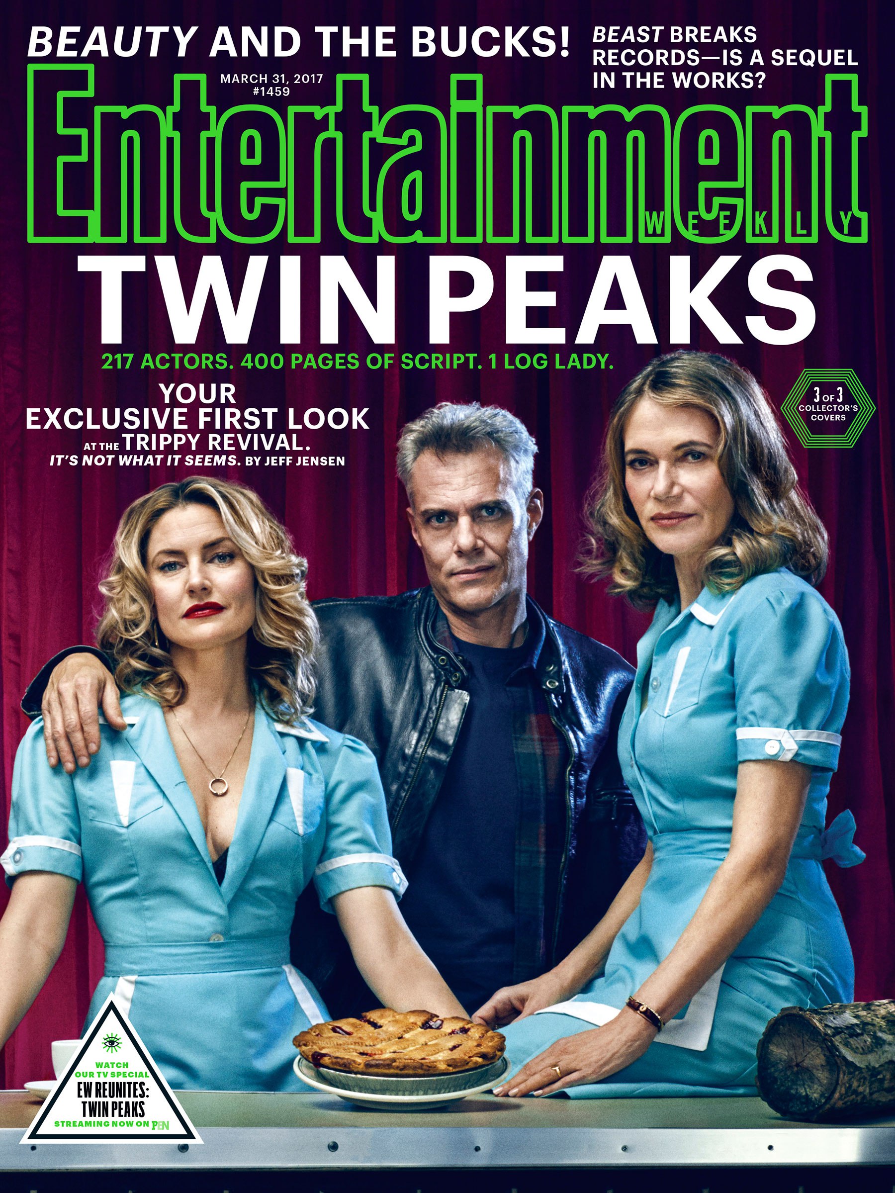 Una delle tre copertine di Entertainment Weekly. Da sinistra verso destra:  Mädchen Amick (Shelly Johnson), Dana Ashbrook (Bobby Briggs) e Peggy Lipton (Norma Jennings)