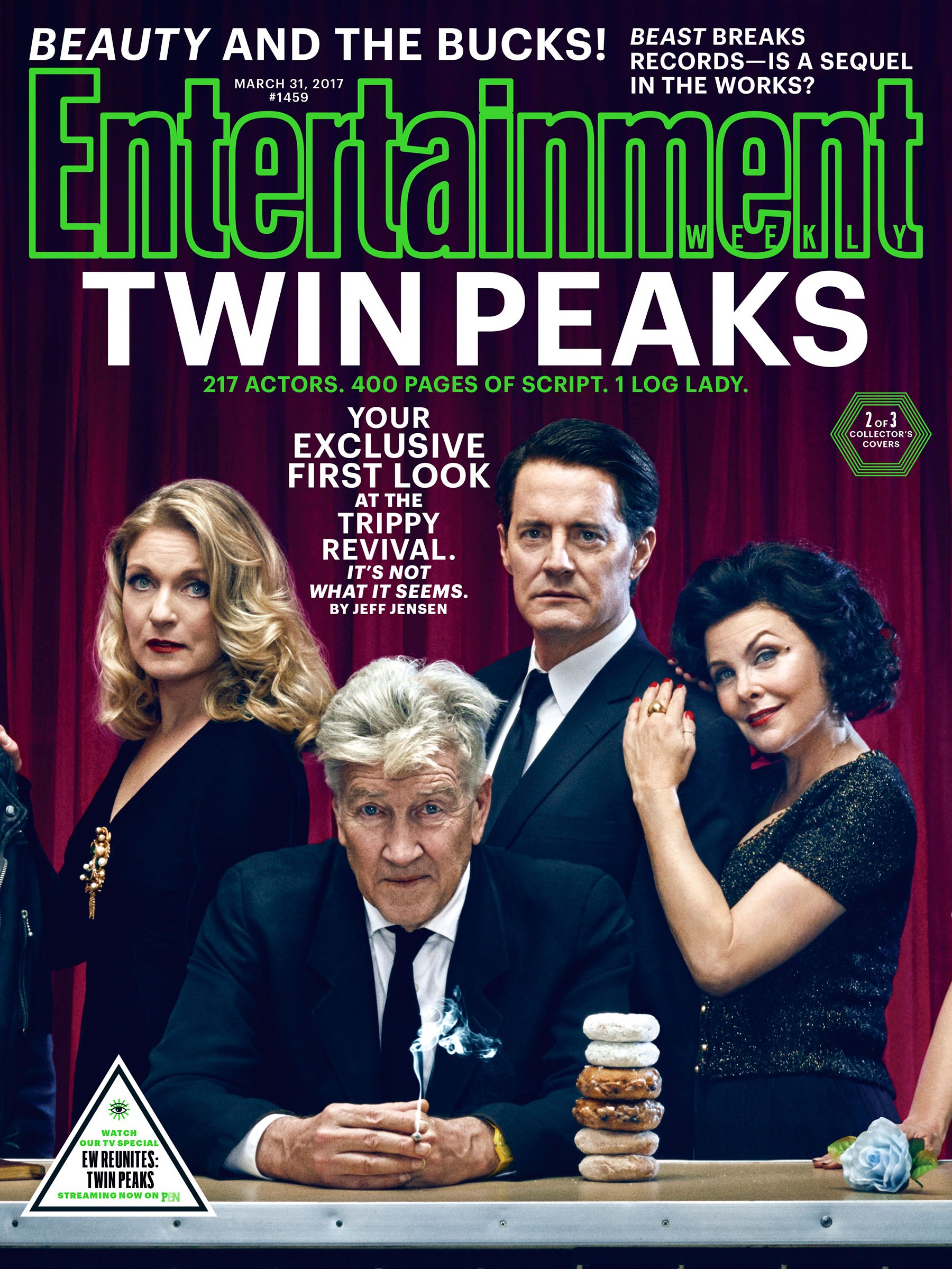 Una delle tre copertine di Entertainment Weekly. Da sinistra verso destra:  Sheryl Lee (Laura Palmer), David Lynch (Gordon Cole/regista), Kyle MacLachlan (Dale Cooper), Sherilyn Fenn (Audrey Horne)