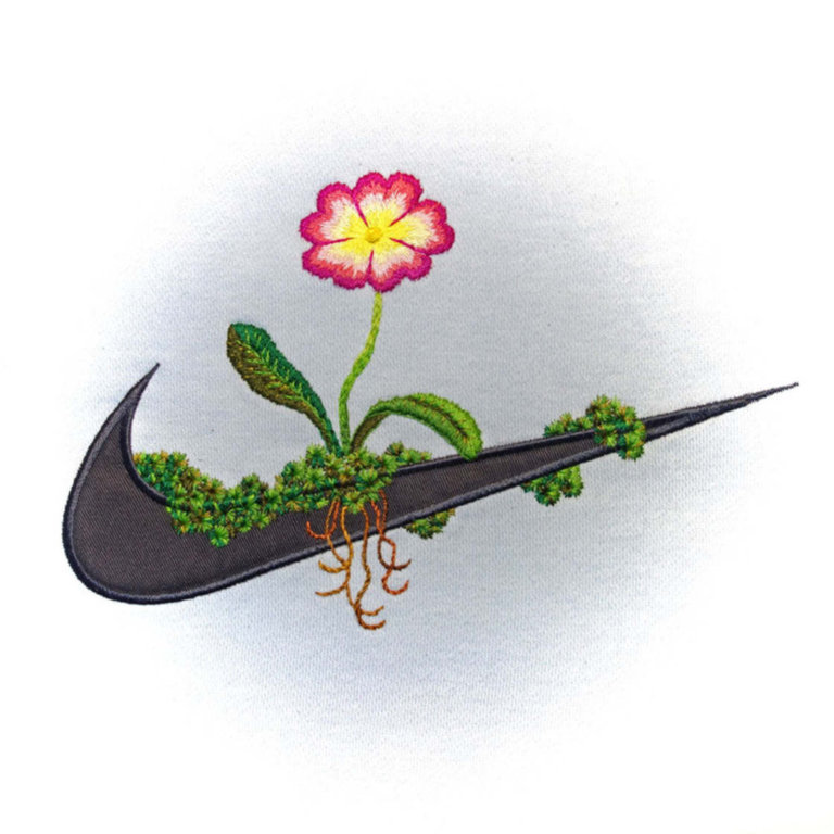 Un artista islandese ricama fiori sui marchi sportivi più famosi
