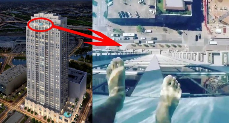 Questa piscina trasparente è sospesa nel vuoto a 150 metri d’altezza