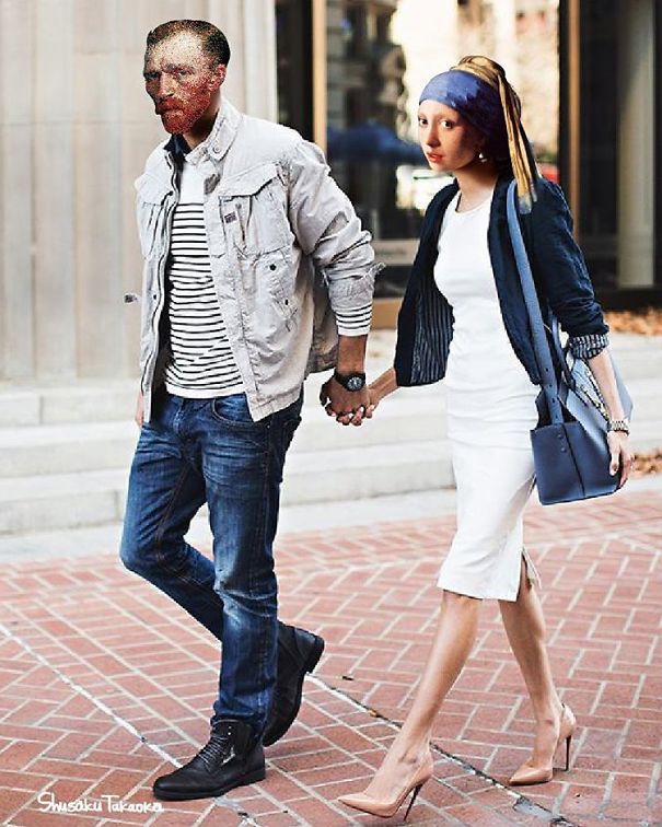 Van Gogh e la ragazza col  turbante di Vermeer passeggiano insieme come dei vip scoperti dal paparazzo di turno.