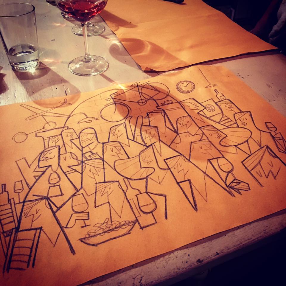 Un piatto di orecchiette, due bicchieri di negramaro e una tovaglietta di carta da L'Antiquario di Lecce.