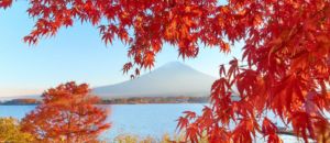 Mini Lake Kawaguchiko and Mount Fuji at sunset during the Momijigari period