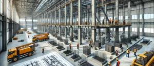 DALL·E 2024 07 18 15.05.11 A modern industrial warehouse undergoing seismic retrofitting. The scene includes advanced construction equipment and engineers in safety gear inspect