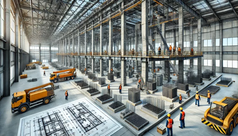 DALL·E 2024 07 18 15.05.11 A modern industrial warehouse undergoing seismic retrofitting. The scene includes advanced construction equipment and engineers in safety gear inspect