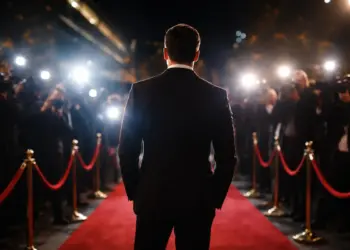 Celebrità cammina su tappeto rosso in mezzo ai fotografi