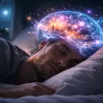 uomo che dorme con rappresentazione del cervello attivo durante la fase rem del sonno e dei sogni