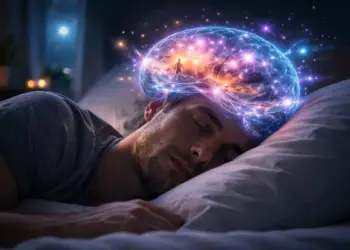 uomo che dorme con rappresentazione del cervello attivo durante la fase rem del sonno e dei sogni