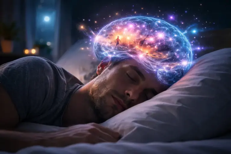 uomo che dorme con rappresentazione del cervello attivo durante la fase rem del sonno e dei sogni