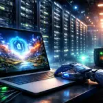 data center che alimenta sistemi di intelligenza artificiale mentre un computer genera un’immagine AI