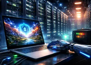 data center che alimenta sistemi di intelligenza artificiale mentre un computer genera un’immagine AI