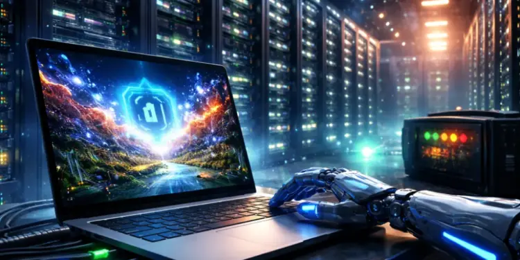 data center che alimenta sistemi di intelligenza artificiale mentre un computer genera un’immagine AI