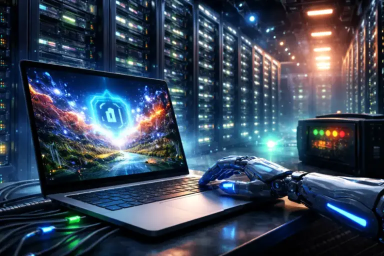 data center che alimenta sistemi di intelligenza artificiale mentre un computer genera un’immagine AI