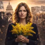 donna con mimose durante una manifestazione per i diritti delle donne nella giornata internazionale della donna