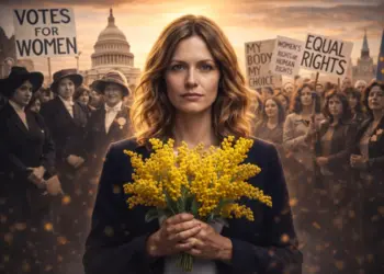 donna con mimose durante una manifestazione per i diritti delle donne nella giornata internazionale della donna