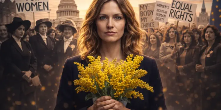 donna con mimose durante una manifestazione per i diritti delle donne nella giornata internazionale della donna