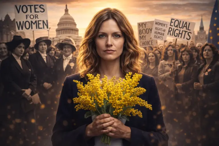 donna con mimose durante una manifestazione per i diritti delle donne nella giornata internazionale della donna