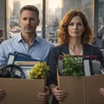 uomo e donna adulti con scatole da ufficio mentre cambiano lavoro in età adulta