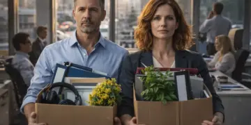 uomo e donna adulti con scatole da ufficio mentre cambiano lavoro in età adulta