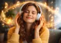 donna con cuffie che ascolta musica mentre note musicali rappresentano una melodia che resta nella mente
