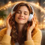 donna con cuffie che ascolta musica mentre note musicali rappresentano una melodia che resta nella mente