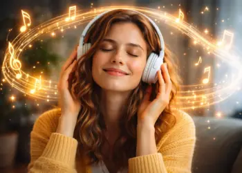 donna con cuffie che ascolta musica mentre note musicali rappresentano una melodia che resta nella mente