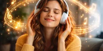 donna con cuffie che ascolta musica mentre note musicali rappresentano una melodia che resta nella mente