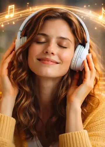 donna con cuffie che ascolta musica mentre note musicali rappresentano una melodia che resta nella mente
